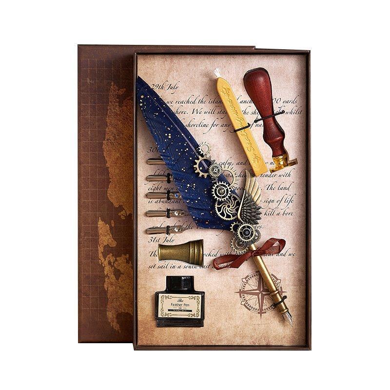 Синий набор перьевых ручек с гусиным пером и восковой печатью, ретро стиль (арт. 21082029)