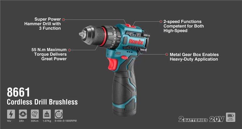 Аккумуляторная дрель Ronix 8661, бесщеточная, 16V, 10 мм, 55N·м, набор инструментов (арт. 3112774)