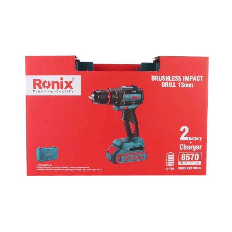 Ударная дрель Ronix 8670, аккумуляторная, бесщеточная, 20V, 13 мм, 60N·м, с запчастями (арт. 3112775)