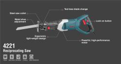 Профессиональная сабельная пила Ronix 4221, для резки дерева, металла, труб, с 4 насадками (арт. 25-18031105)