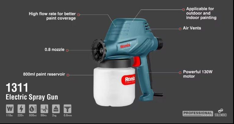 Электрический краскопульт Ronix, 800 мл, 220V, профессиональный, мини-краскораспылитель (арт. 25-18031113)