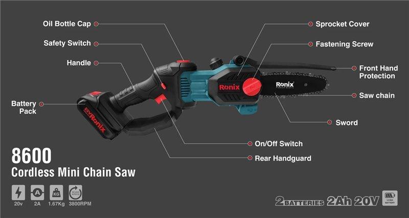 Аккумуляторная цепная пила Ronix 8600, 20V, 15 см, с мощным мотором 40cc (арт. 25-18031206)