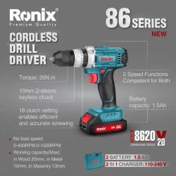 Аккумуляторная ударная дрель-шуруповерт Ronix 8620, 20V, 10 мм, 35N·m, высокая мощность (арт. 25-18031232)