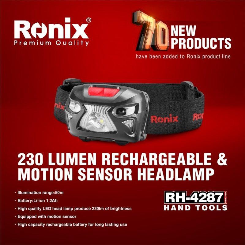 Аккумуляторный налобный фонарь Ronix, с датчиком движения, белый и красный свет (арт. 25-18031274)