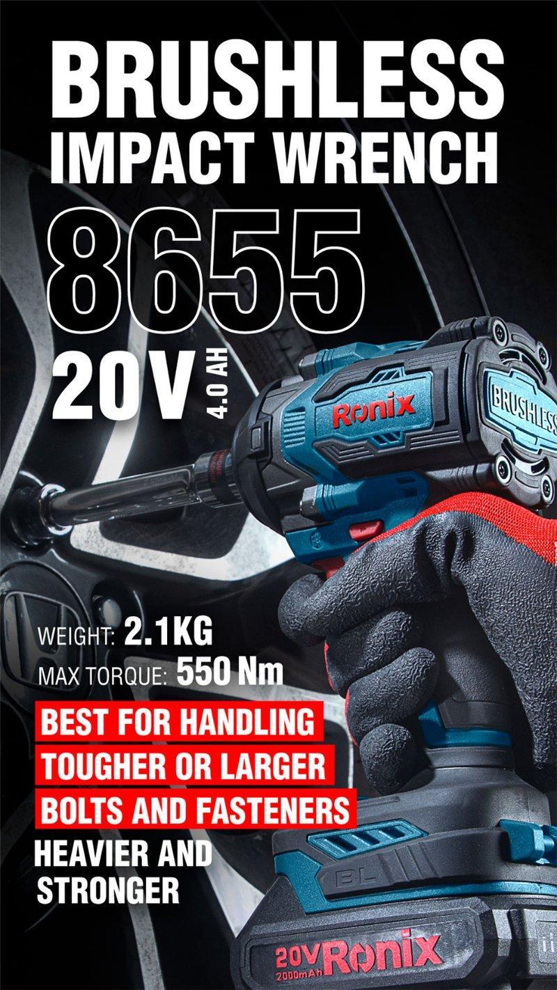 Аккумуляторный гайковерт Ronix 8655, 20V, бесщеточный, 1/2 дюйма, высокий крутящий момент (арт. 25-18031275)