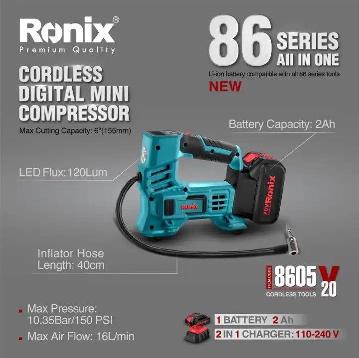 Аккумуляторный мини-компрессор Ronix, 20V, 10.35 бар, многофункциональный (арт. 25-18031419)