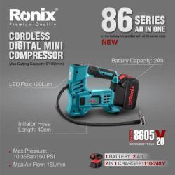Аккумуляторный мини-компрессор Ronix, 20V, 10.35 бар, многофункциональный (арт. 25-18031419)