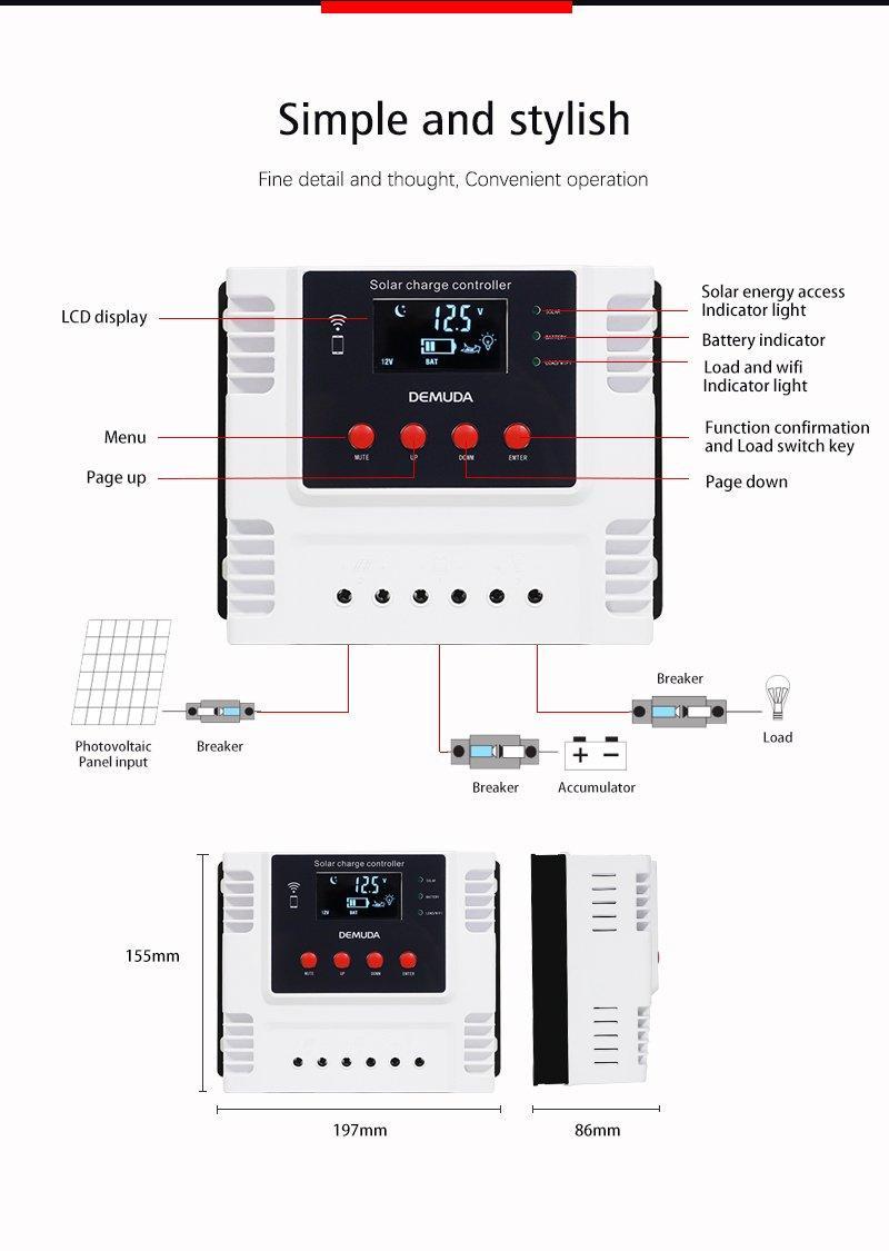 Контроллер солнечный PWM с WIFI дисплеем 10A-60A 12V-48V (арт. 25-5081072)
