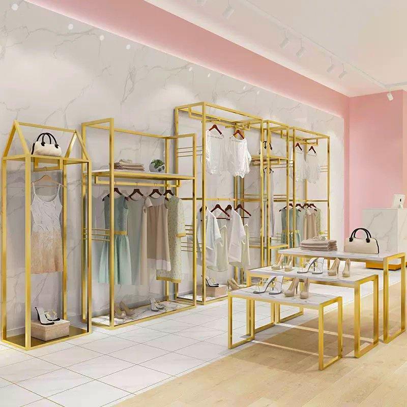 Стойка для одежды металлическая золотая с полками (арт. 25-19080042)