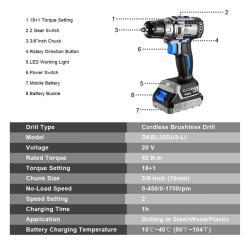 Шуруповерт DEKO 20V бесщеточный аккумуляторный (арт. 26-2402040)